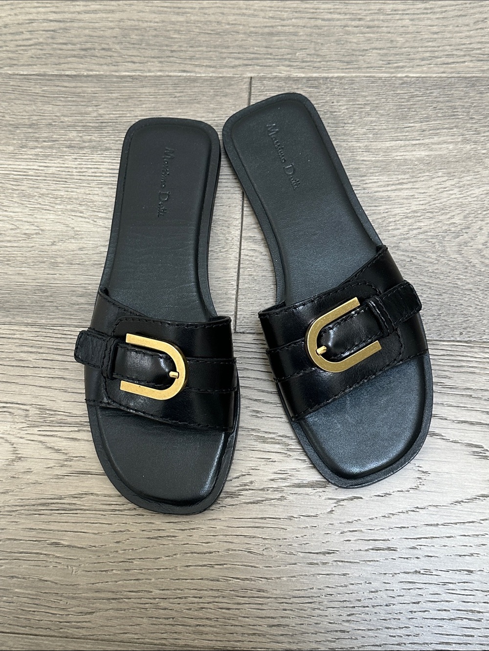 Massimo Dutti Black Leather Slide Sandals with Gold Buckle Detail